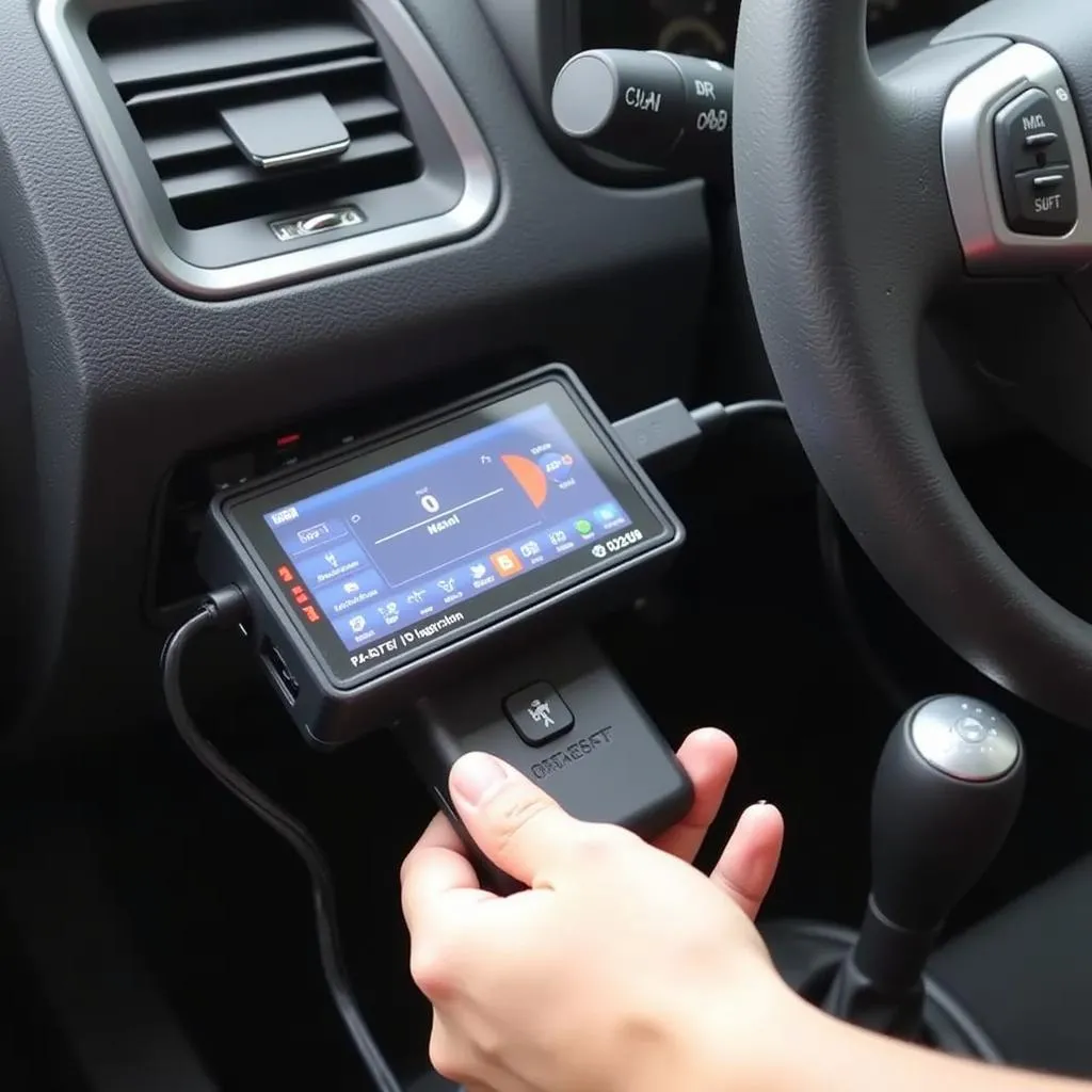 Autel MaxiScan MS300 CAN Diagnostic Scan Tool connected to a car's OBD-II port