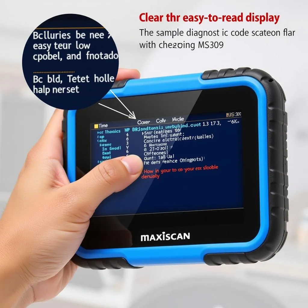 Close-up of the Autel MaxiScan MS309 display screen showing a diagnostic code and its definition