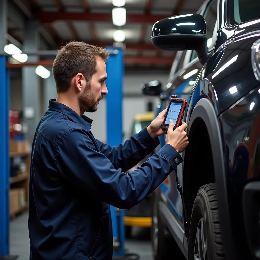 Mechanic using the Autel MaxiSys 906BT in a workshop setting