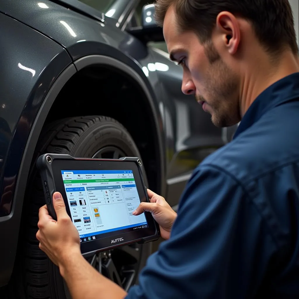 Technician Using Autel MaxiSys MSUltra Diagnostic Tablet