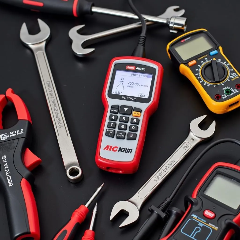 Autel MD802 displayed on workbench with tools