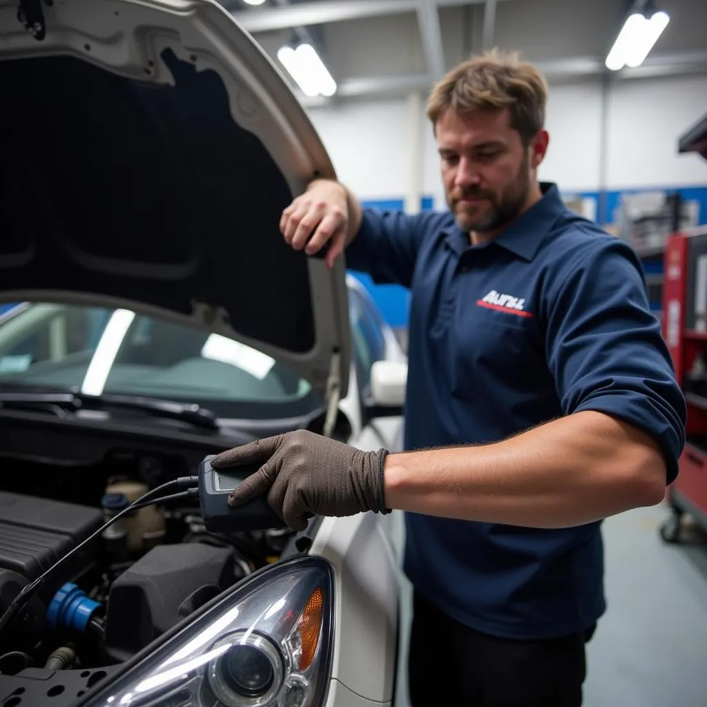 Autel MP908 diagnosing a car in a workshop