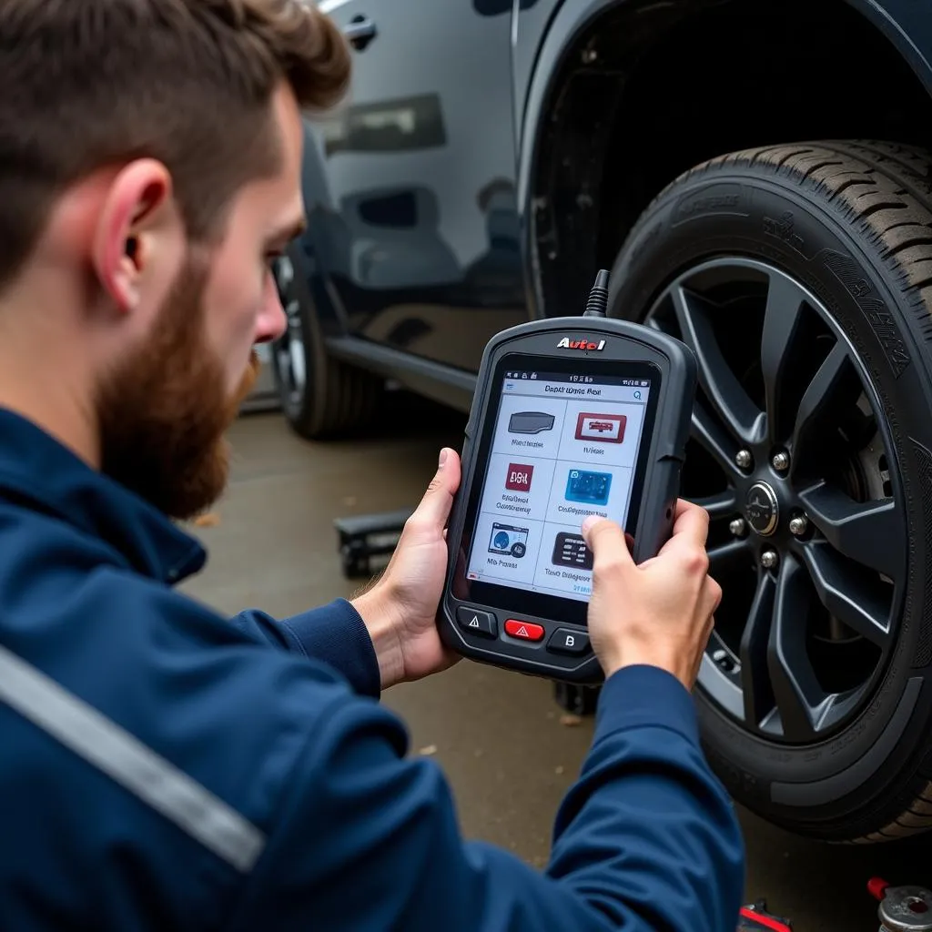 Mechanic Using Autel MS906 Pro for Car Diagnostics