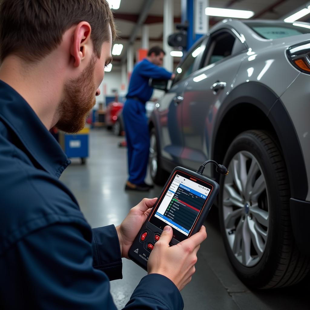 Mechanic using an Autel MS906 scanner to diagnose a car