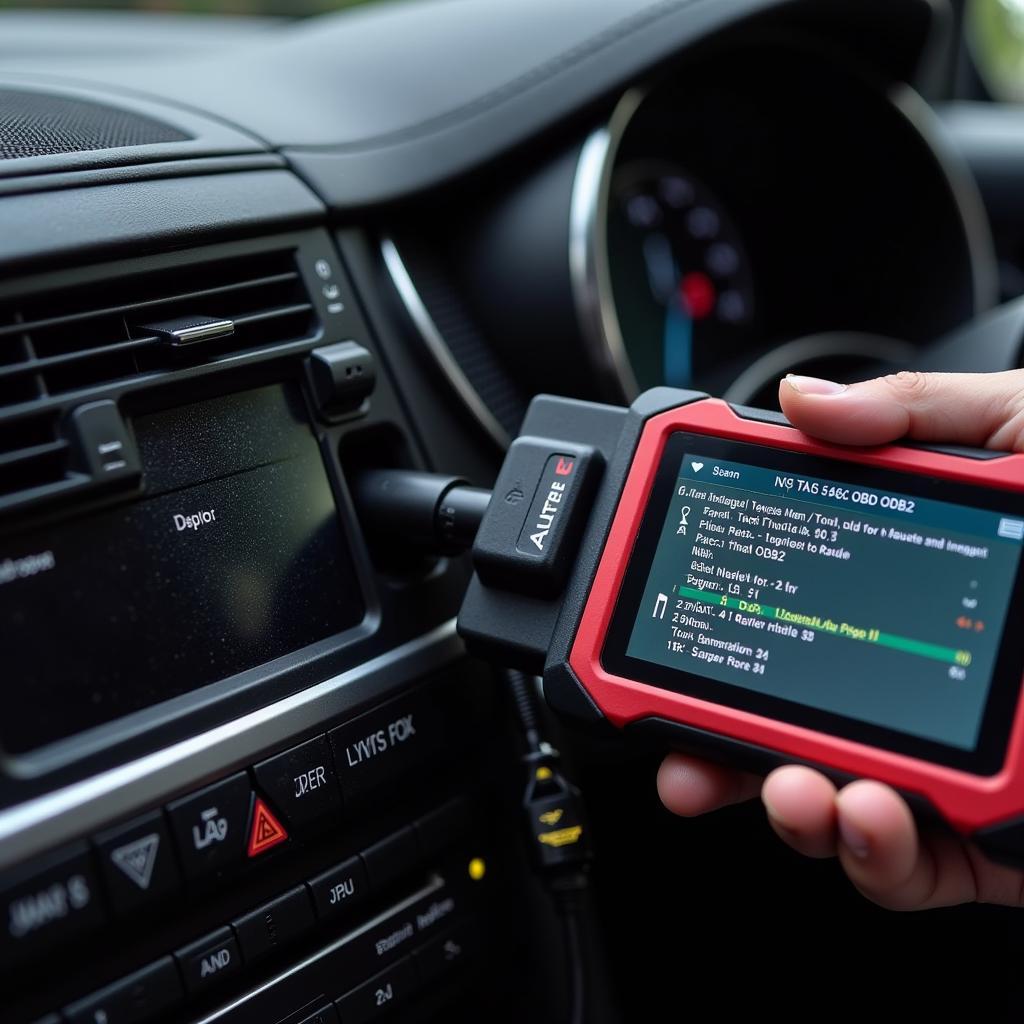 Autel OBD2 scan tool diagnosing car engine