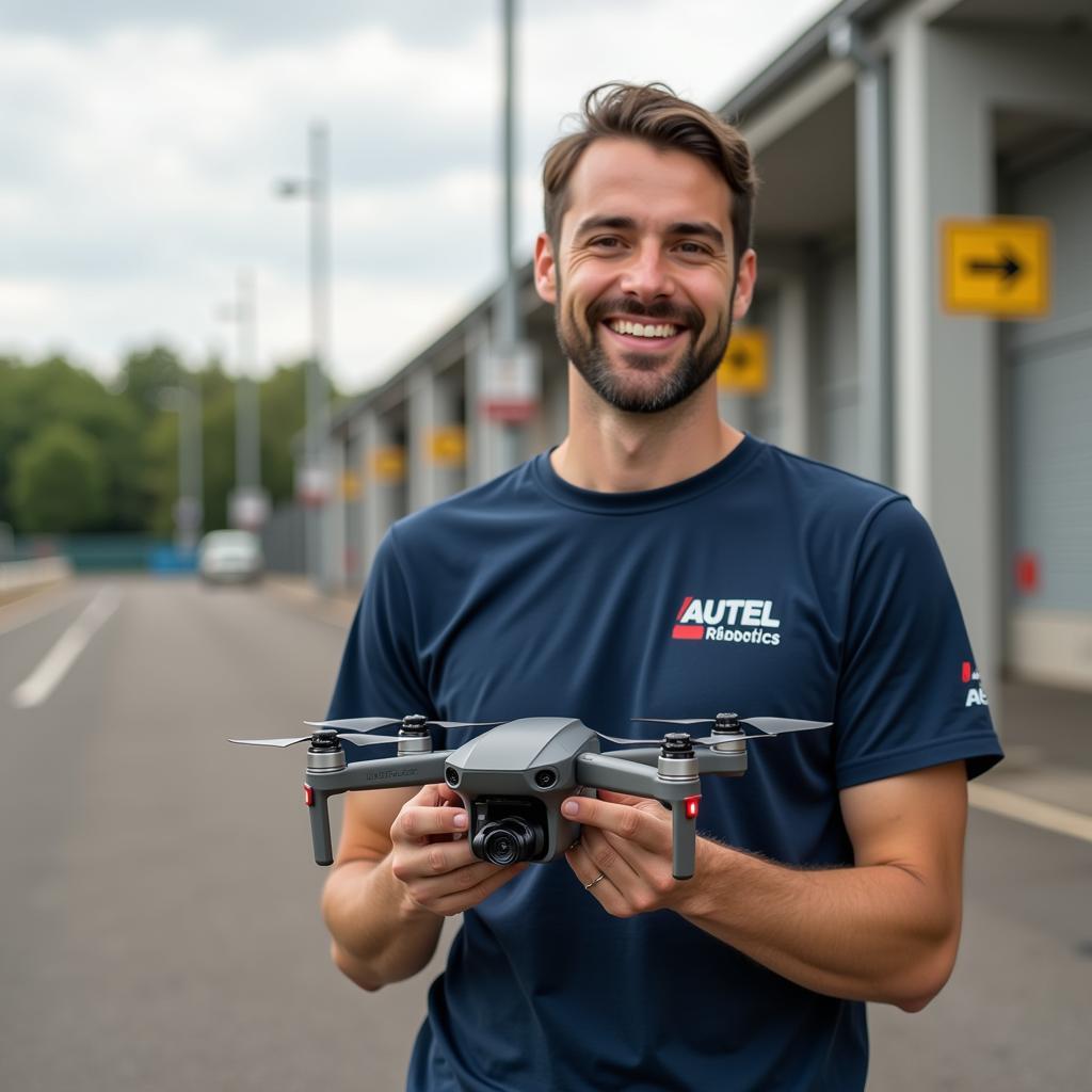 Happy Autel Robotics shirt owner flying a drone