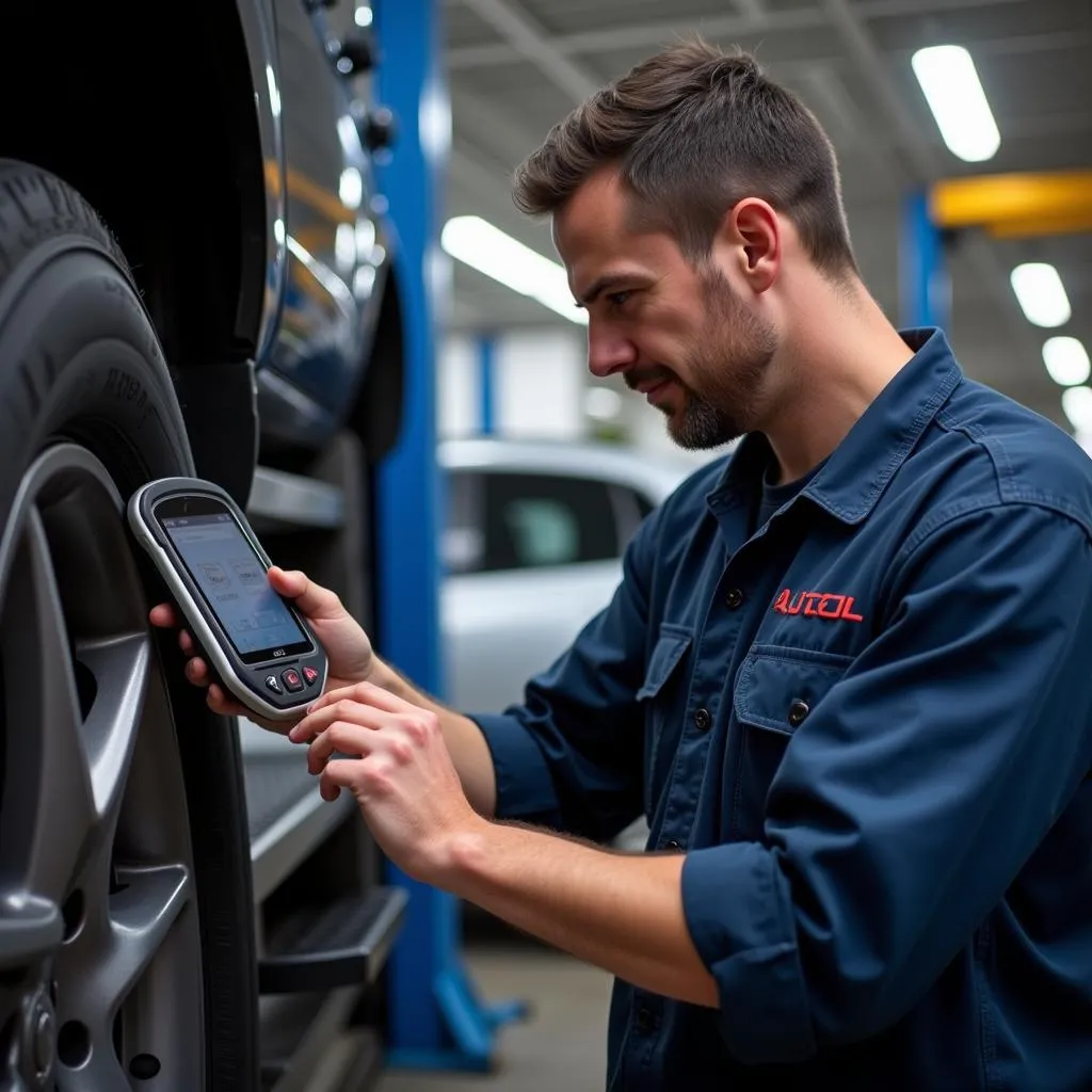 Mechanic Using Autel Royal Scanner in Workshop