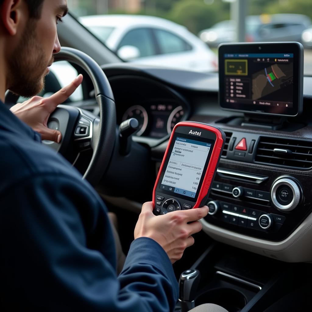 Autel scan tool being used to read vehicle data