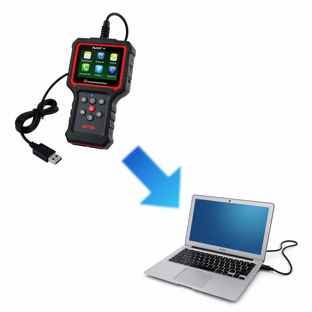 Autel scanner connected to laptop for software download