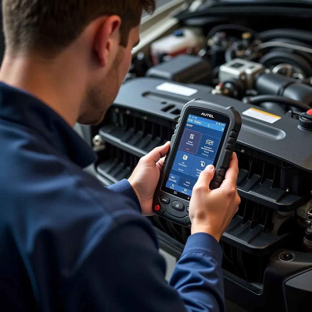 Mechanic Using Autel Scanner on a Vehicle