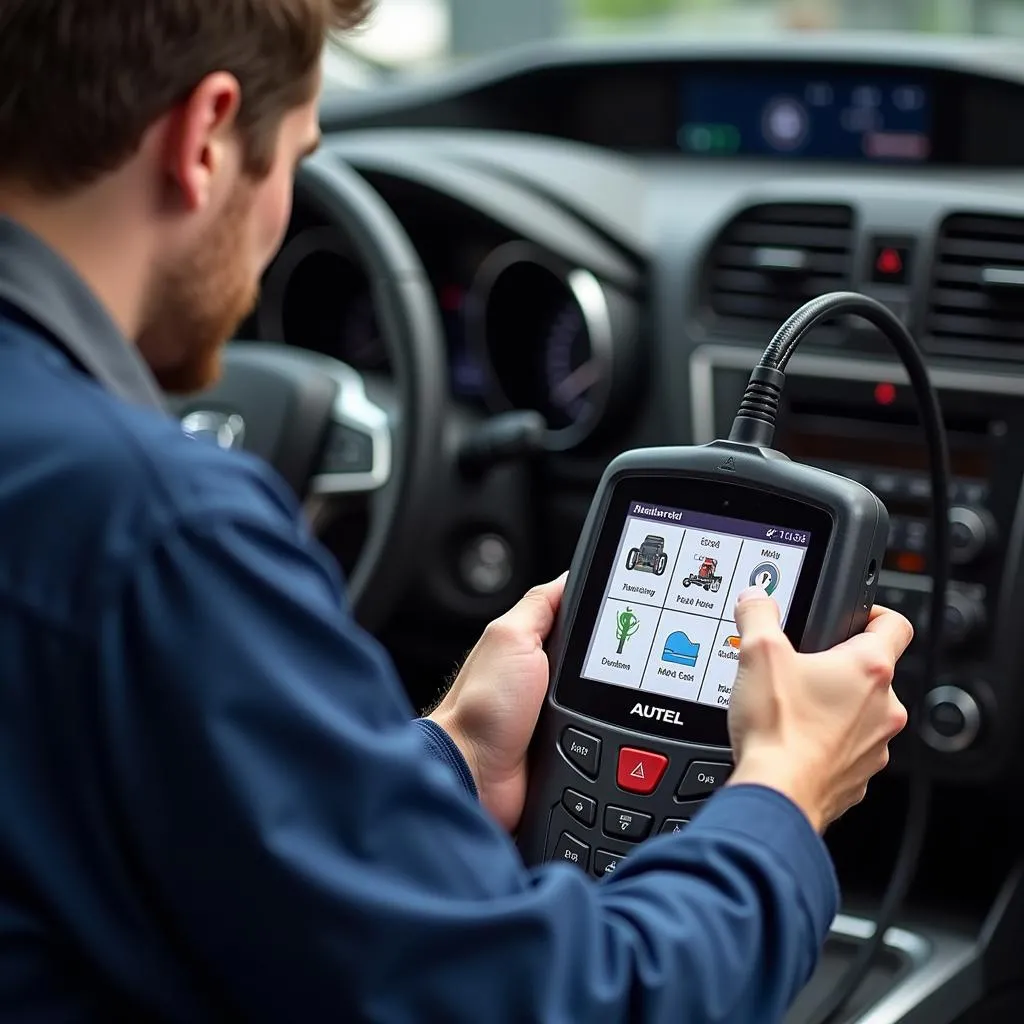 Mechanic Using Autel Scanner on Vehicle