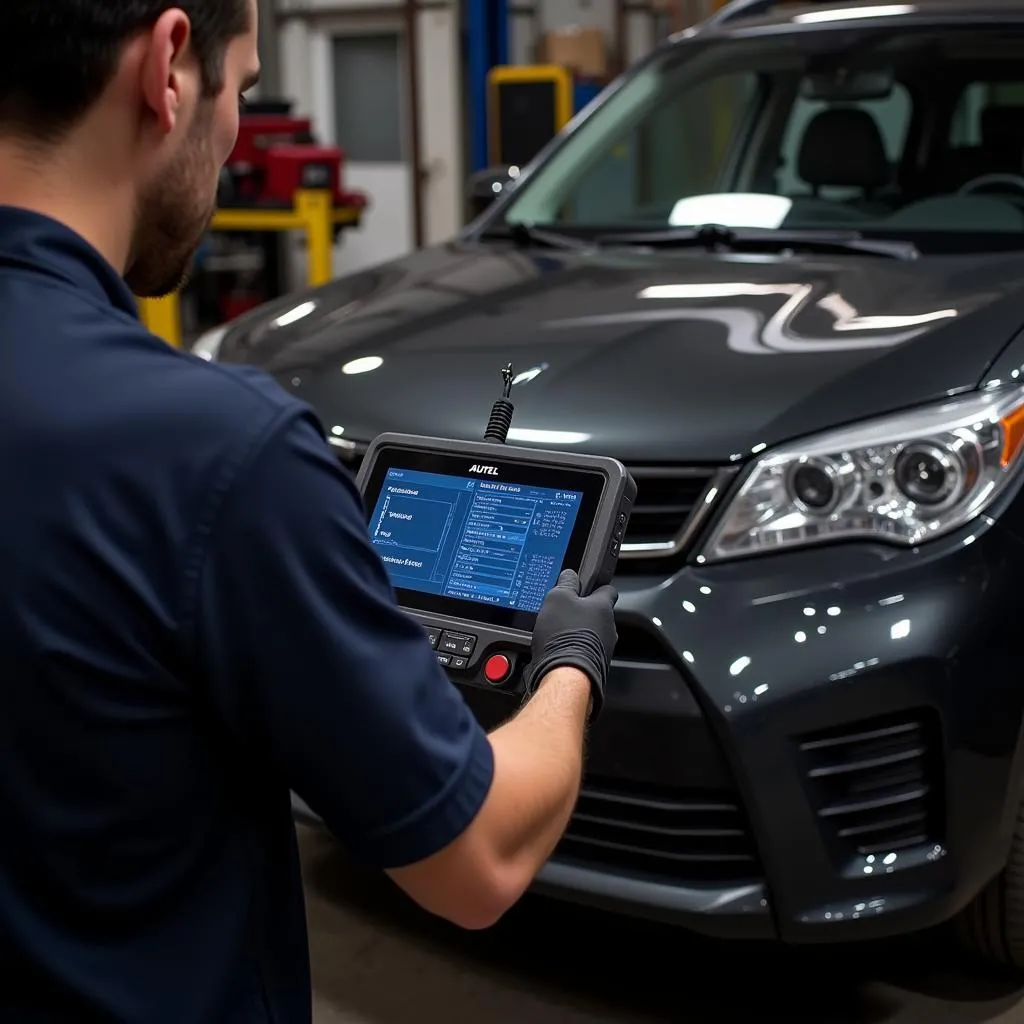 Mechanic Using Autel Scanner to Diagnose a Vehicle