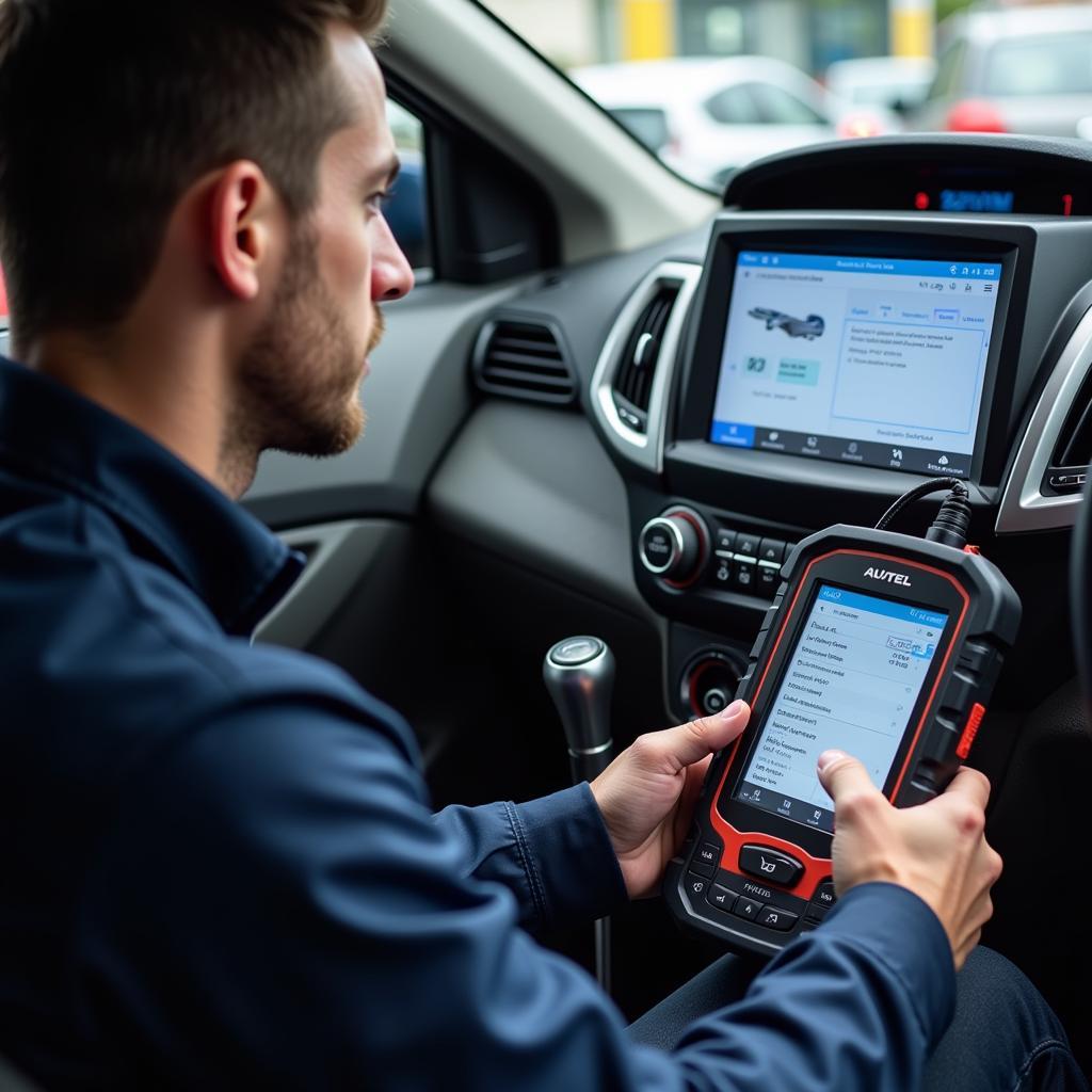 Autel Technician Using Diagnostic Tool