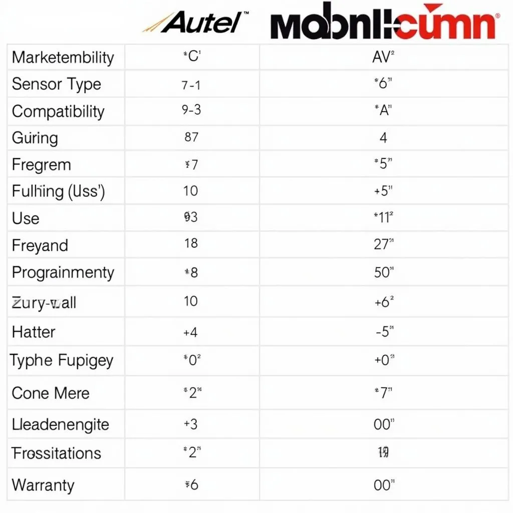 Autel and Mobiletron TPMS Sensors Comparison Table