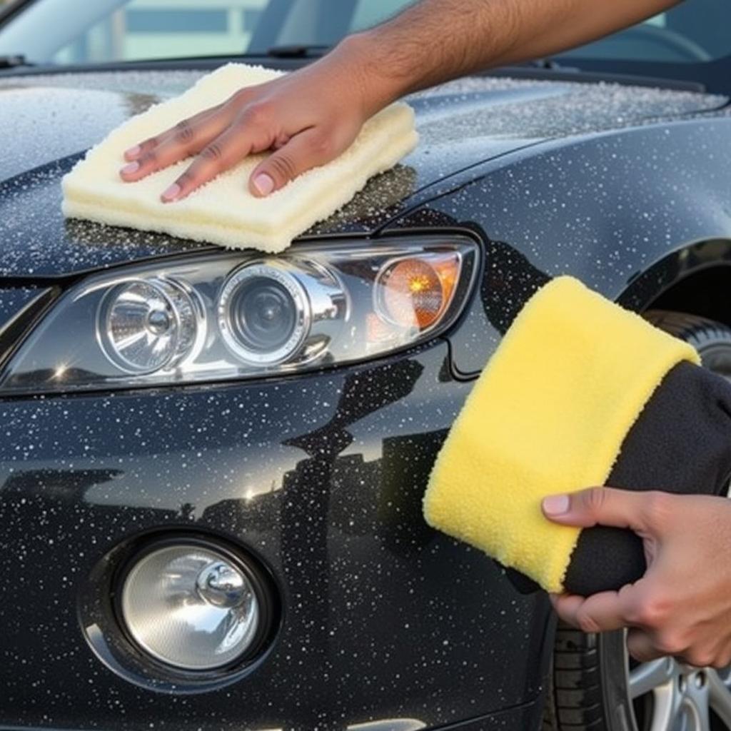 Close up shot of car wash soap and wax bottles