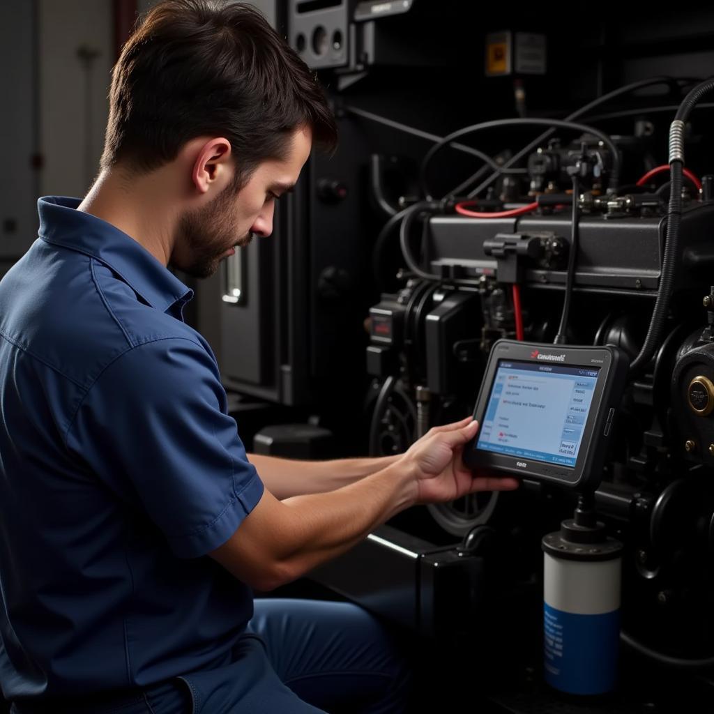 Mechanic using the best Cummins scan tool to diagnose engine problems