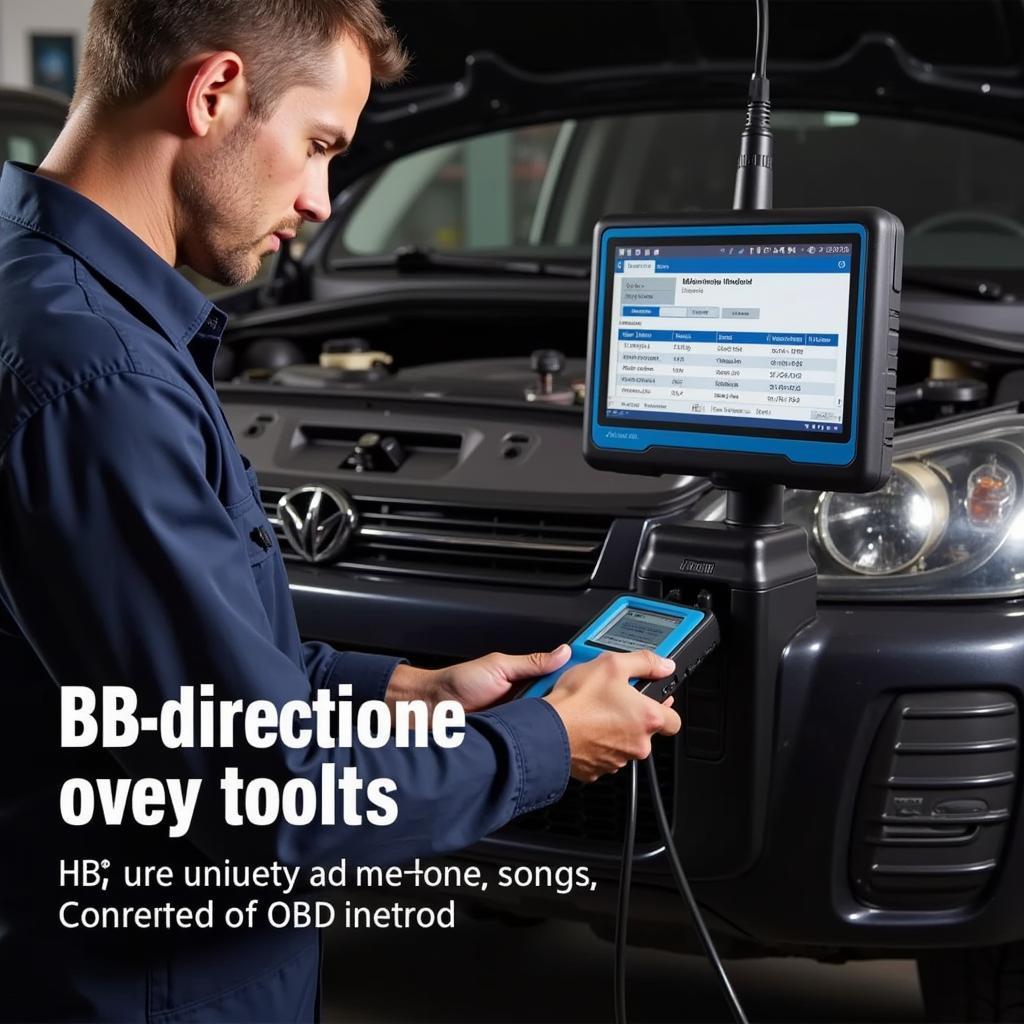 Mechanic using a bi-directional scan tool to diagnose a car