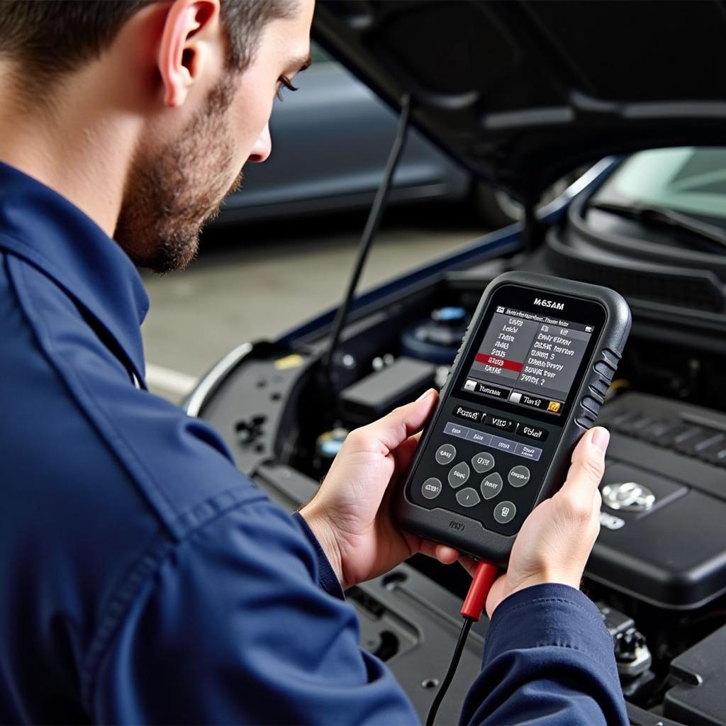 Mechanic using a bi-directional scan tool to diagnose a car's electrical system