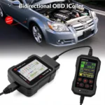 A bidirectional OBD scanner connected to a car's OBD port, displaying diagnostic information on its screen.