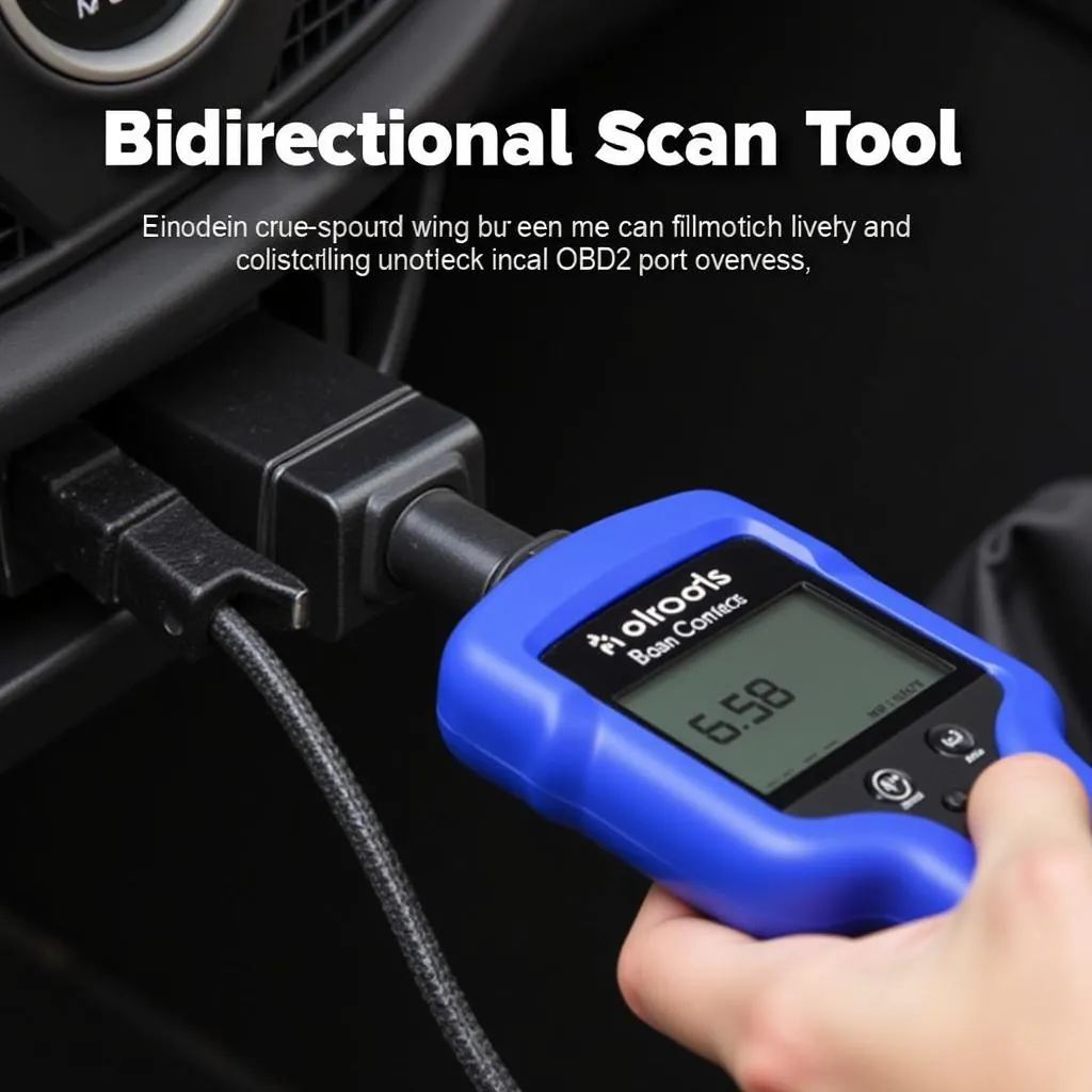 Close-up of a bidirectional scan tool connected to a vehicle's OBD2 port