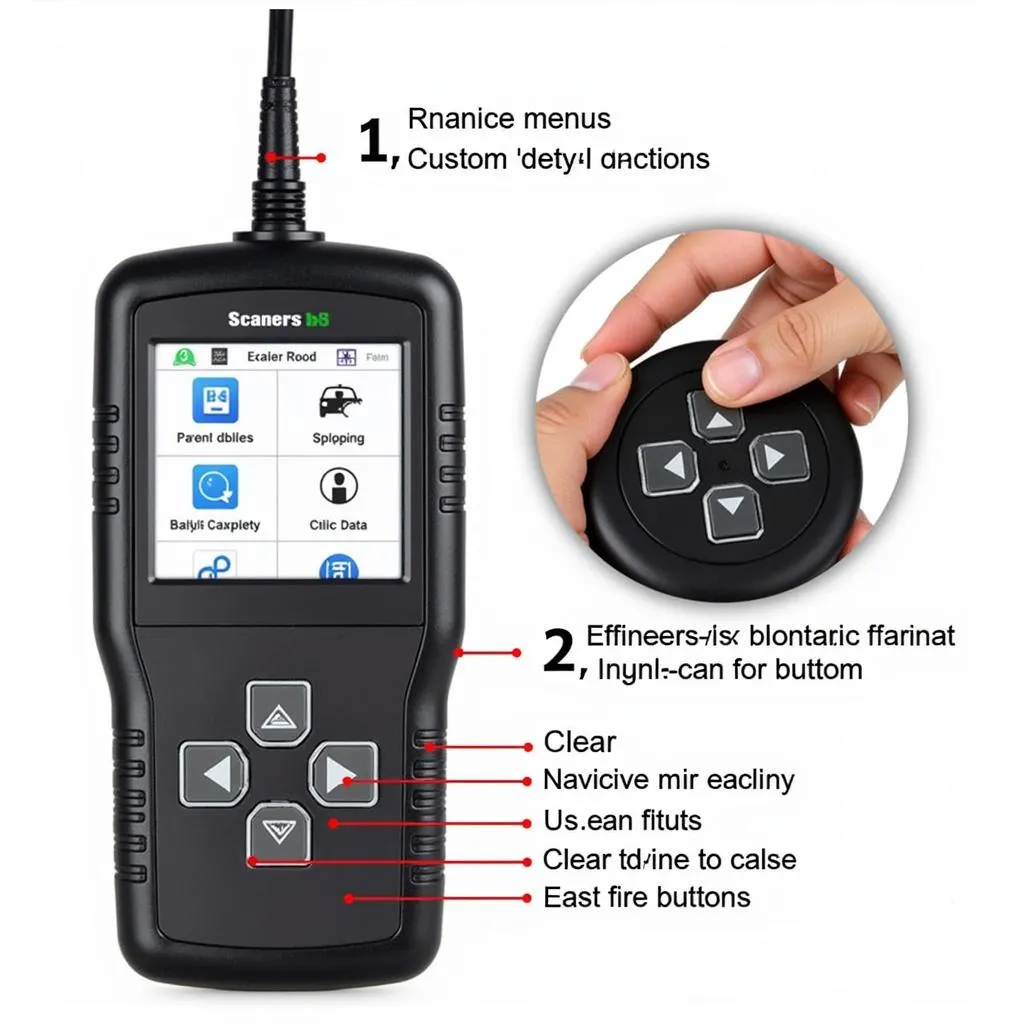 Close-up view of a bidirectional OBD scanner, highlighting its buttons, screen, and connector.