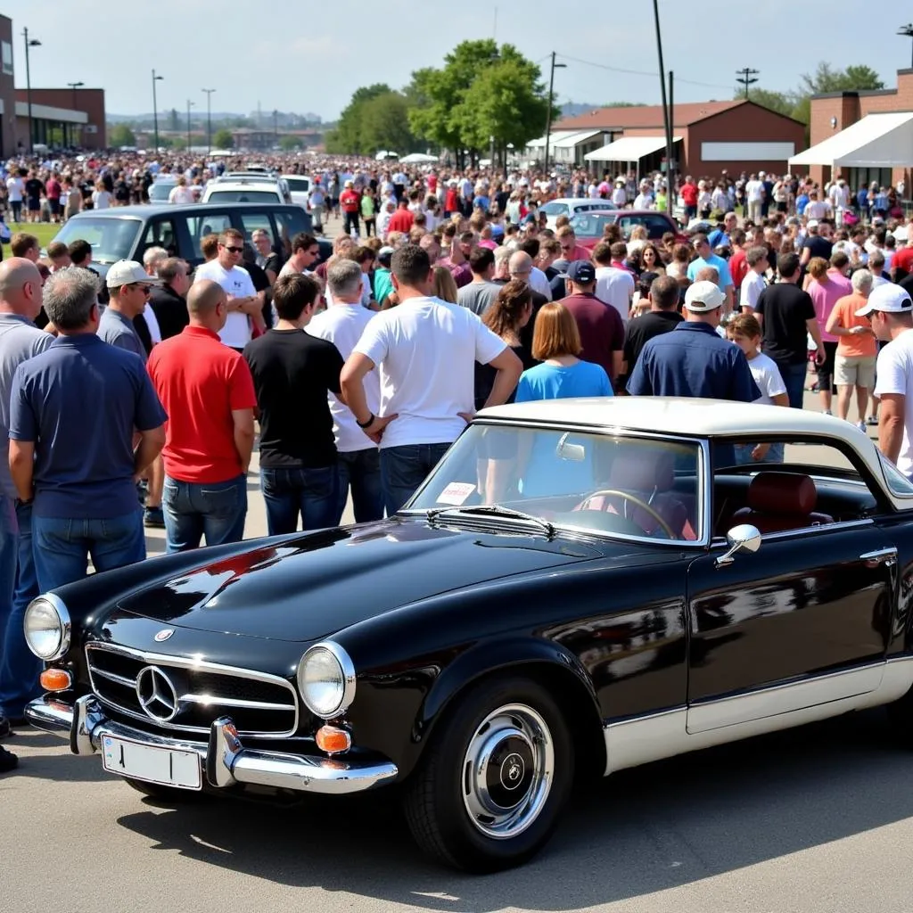 A crowd of people gathered around a black and white vintage car at a show