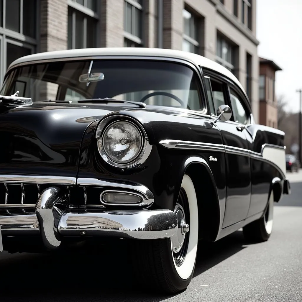 A black and white vintage car parked on a street