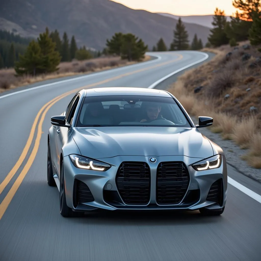 A bluish grey matte car is seen driving down a scenic road, showcasing its distinctive finish.