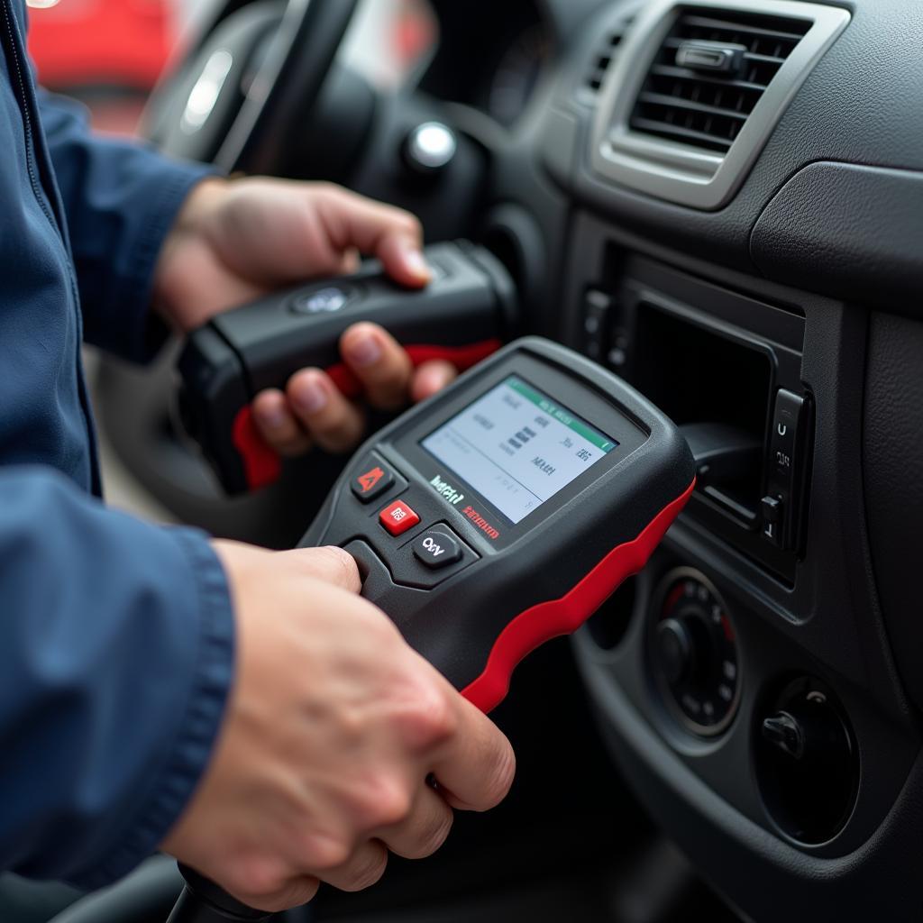 Mechanic using a body scan tool to diagnose a car