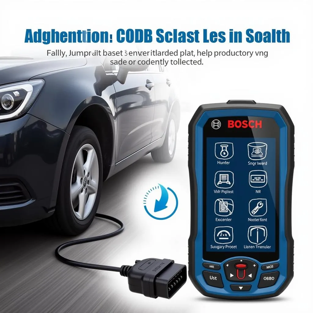 Bosch OBD 1300 scan tool connected to a car's OBD-II port