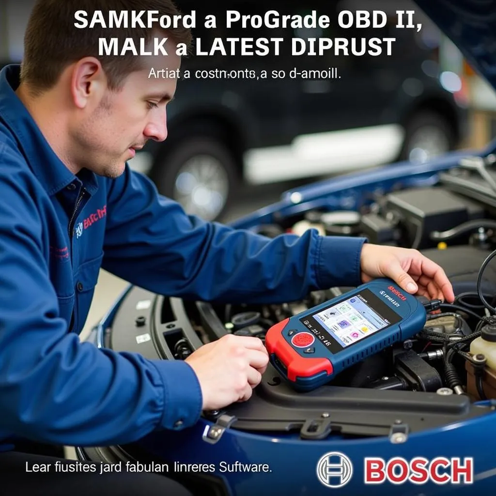 A mechanic using a Bosch ProGrade OBD II scan tool with the latest software updates to diagnose a vehicle problem