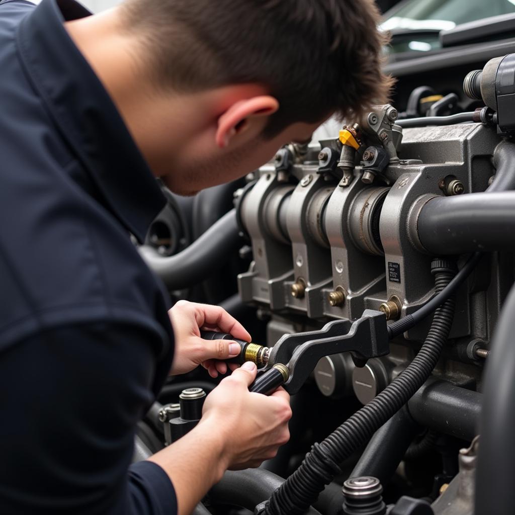 Professional mechanic adjusting cam offset with specialized tools