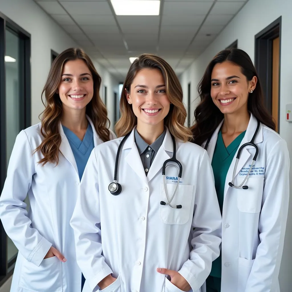 Diverse group of smiling female doctors in a hospital setting.