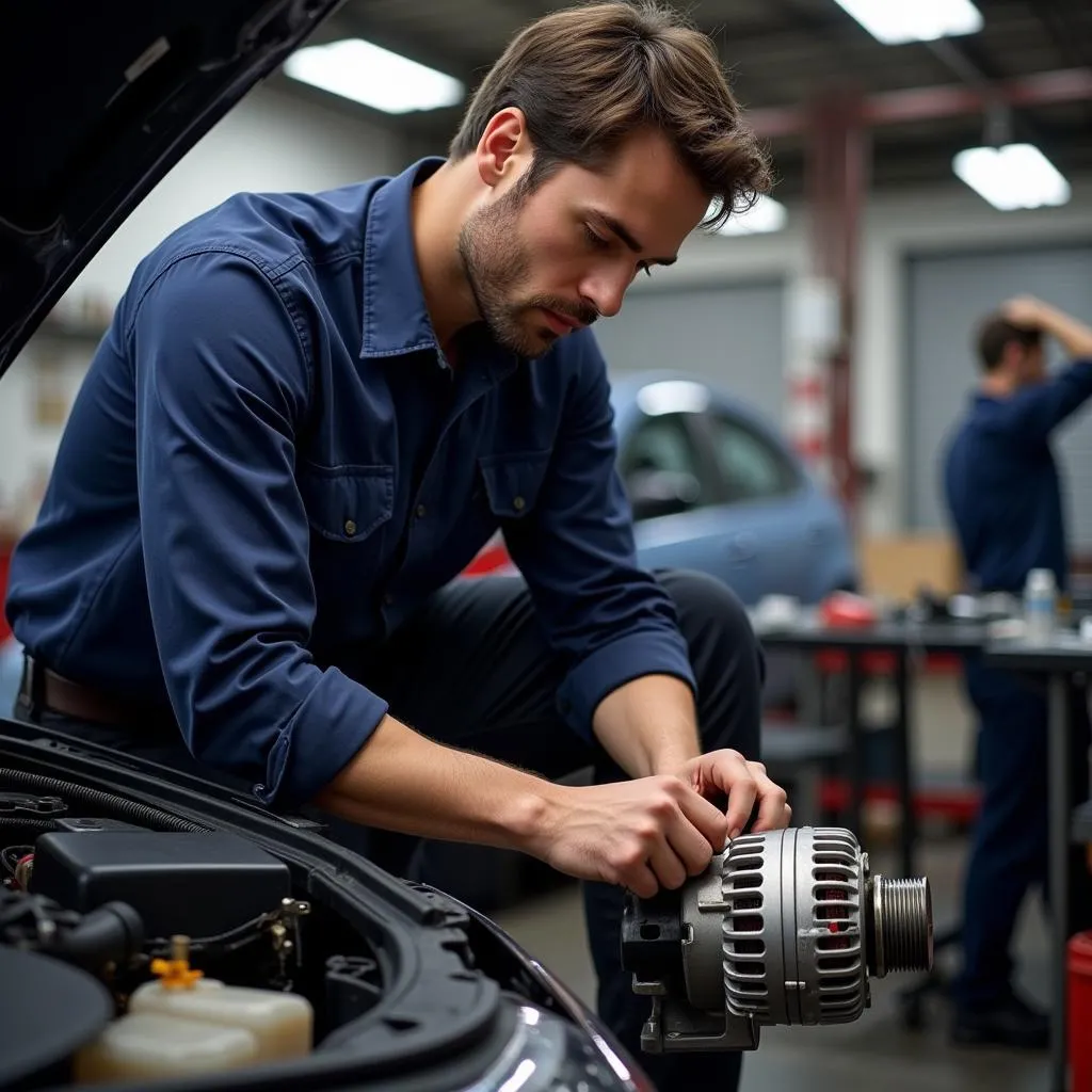 Mechanic Replacing Car Alternator