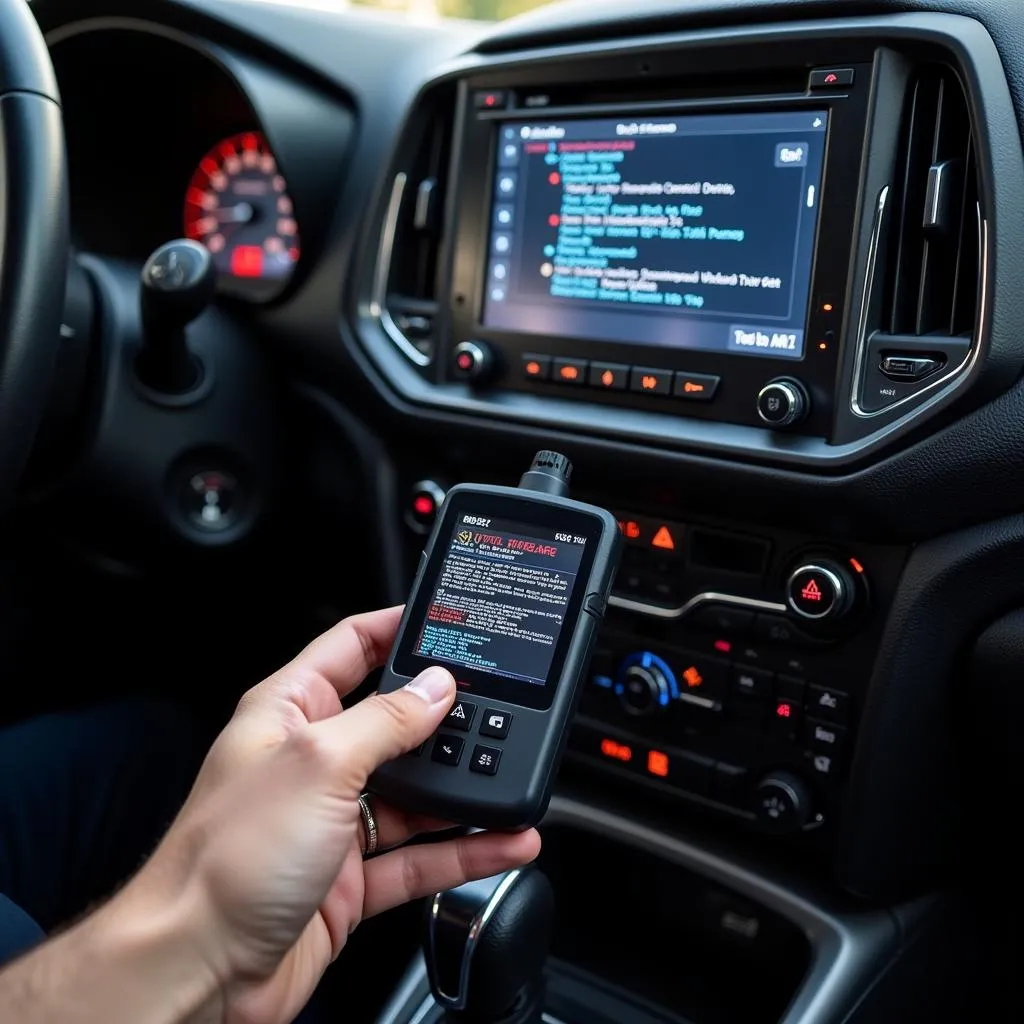 Car computer scan tool connected to dashboard