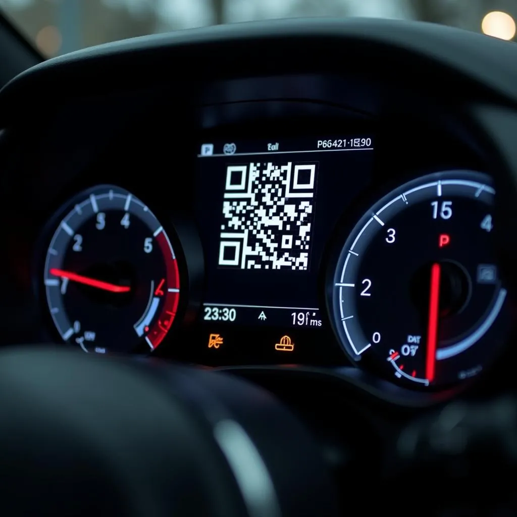 Car dashboard displaying a QR code for diagnostic information