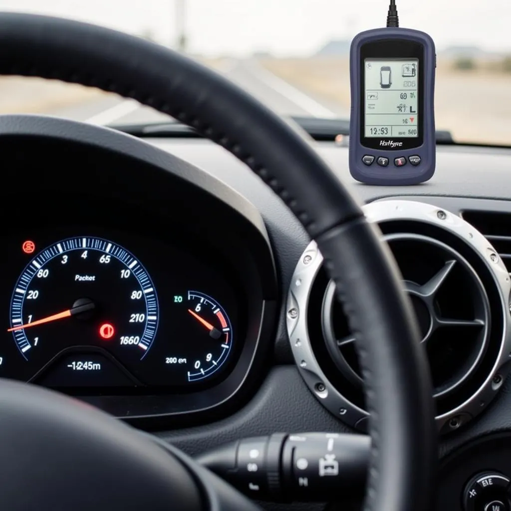 Car dashboard displaying an illuminated check engine light.