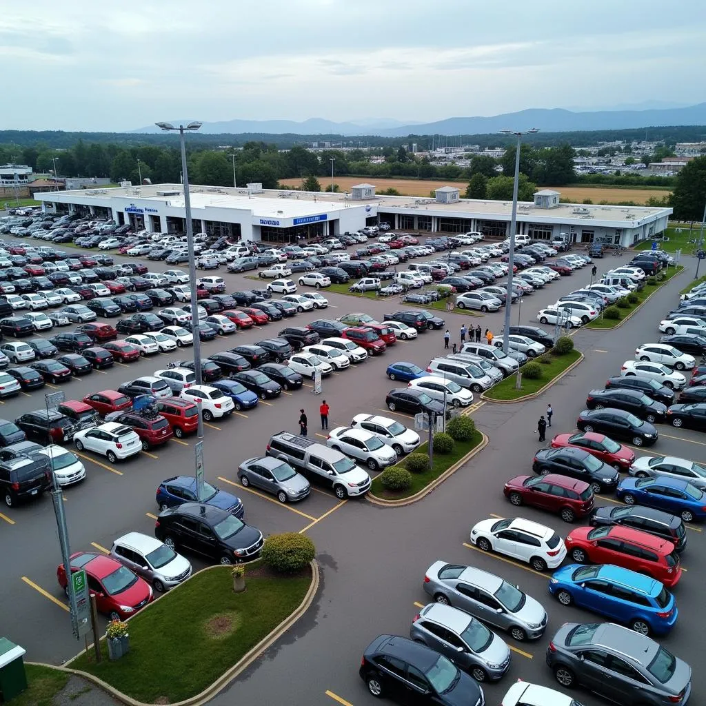 Aerial view of a bustling car dealership lot, showcasing a wide variety of new and used vehicles.