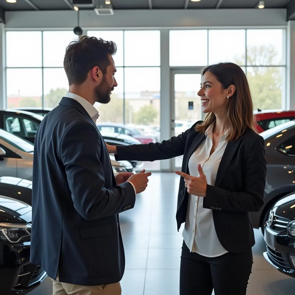 A customer is talking to a car salesperson in a dealership showroom with a variety of new cars.