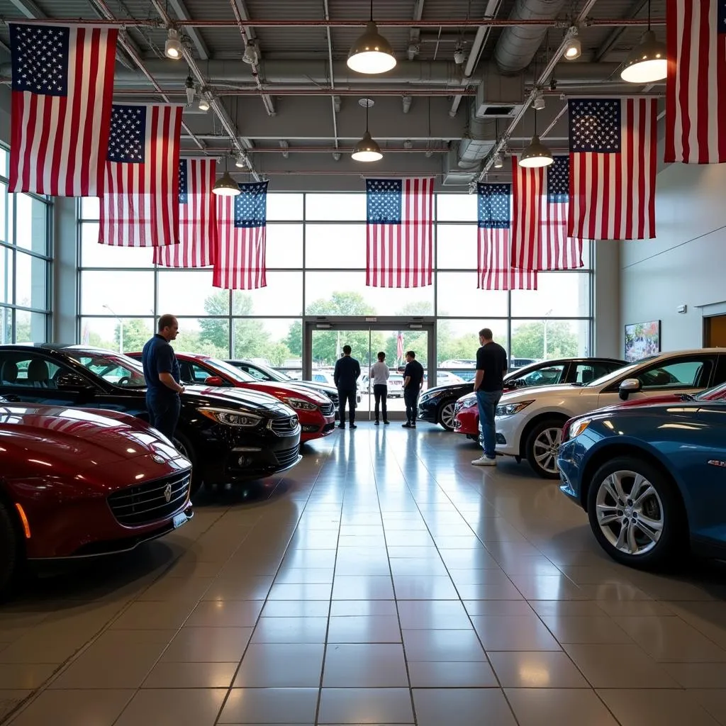 Car dealership showroom decorated for Memorial Day.