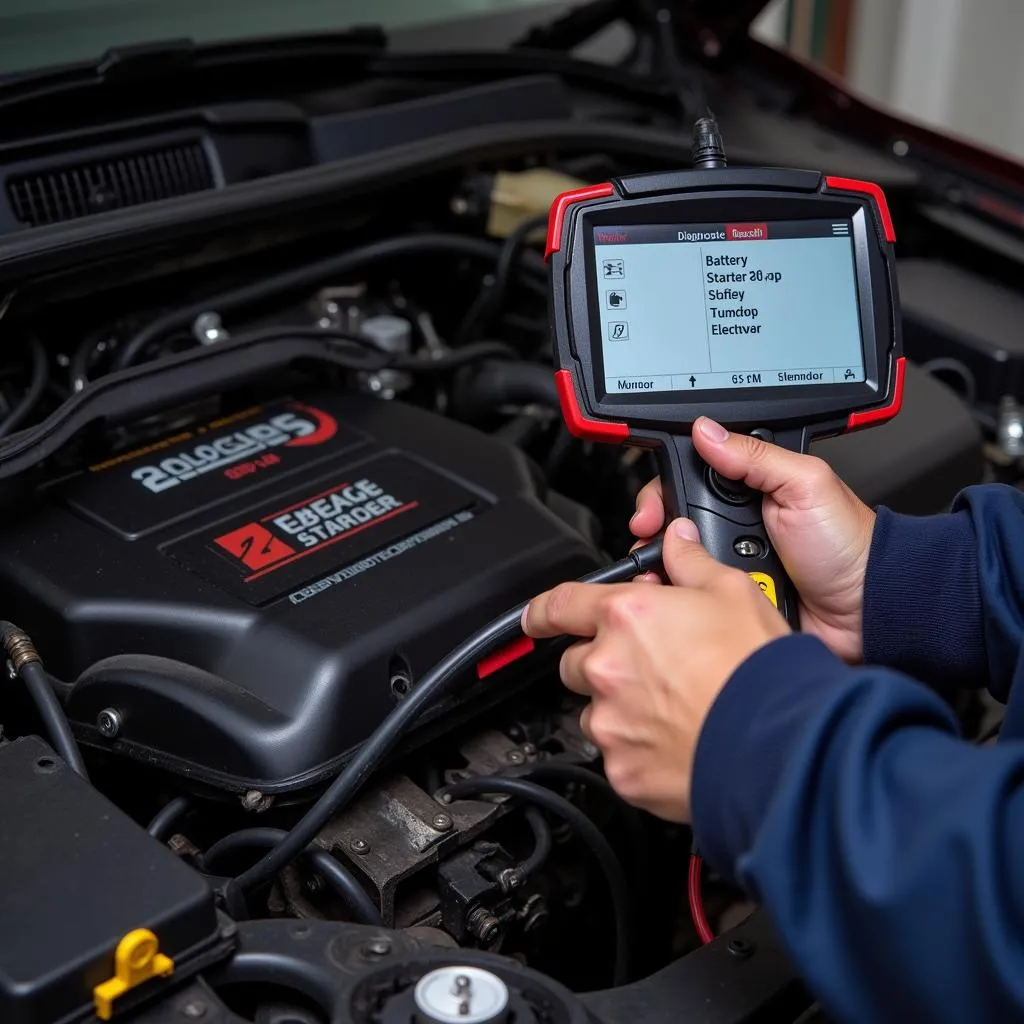 Mechanic using a diagnostic tool to check for starter and alternator problems