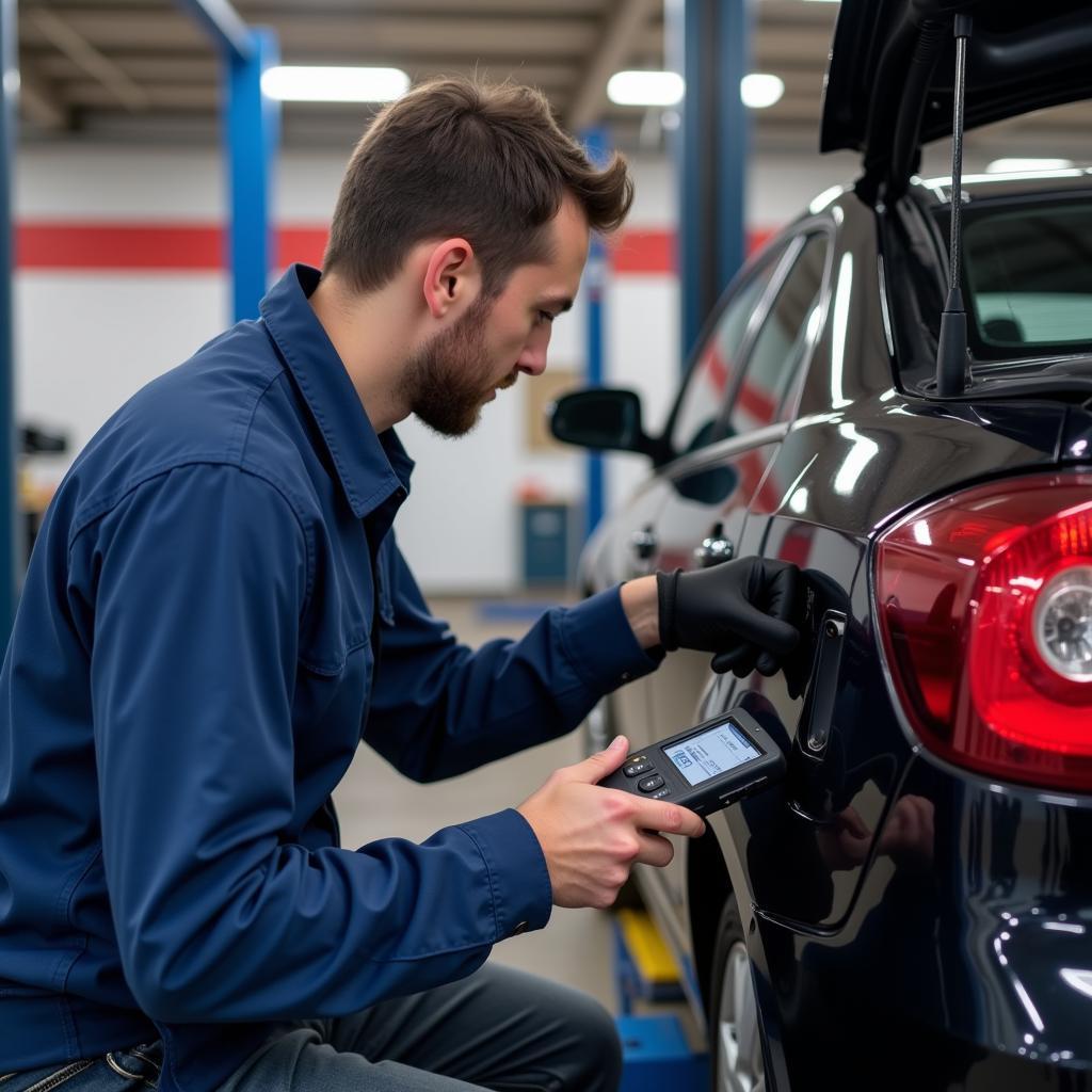 Mechanic using a DiagXcar diagnostic tool