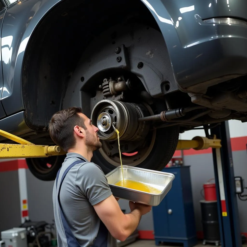 Mechanic performing car engine oil change