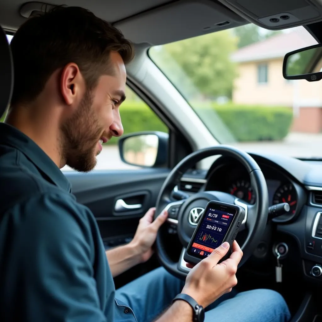 Car Enthusiast Reading OBD Scan Tool USB Results