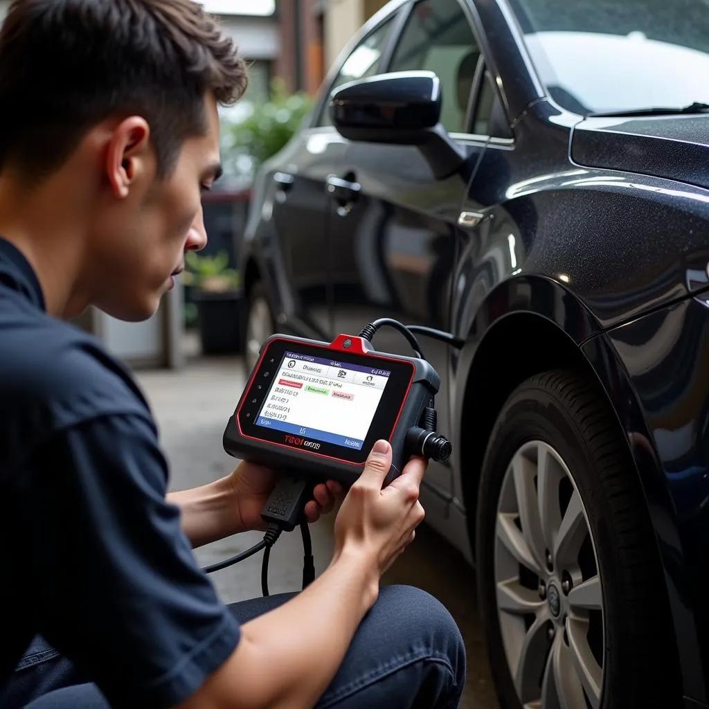 A car enthusiast uses a Chinese Tech 2 scan tool in their garage