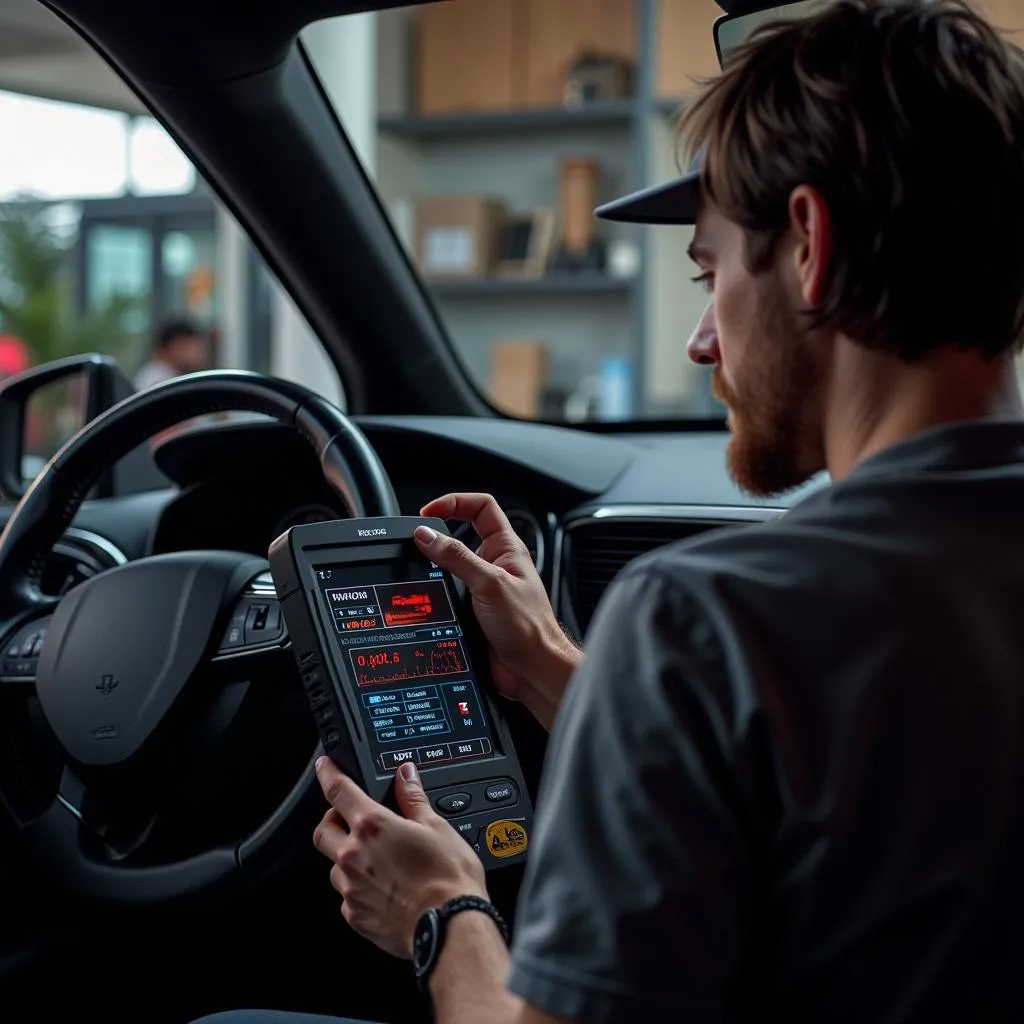 Car Enthusiast Using Dealer Scanner at Home