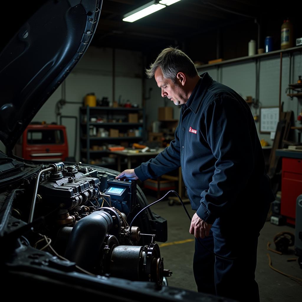 Car Master Diagnosing Rusty Engine with Dealer Scanner