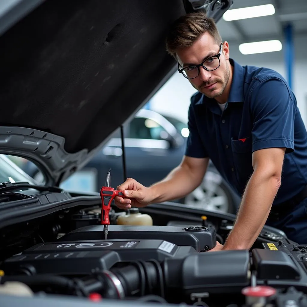 Car Mechanic Inspecting Engine