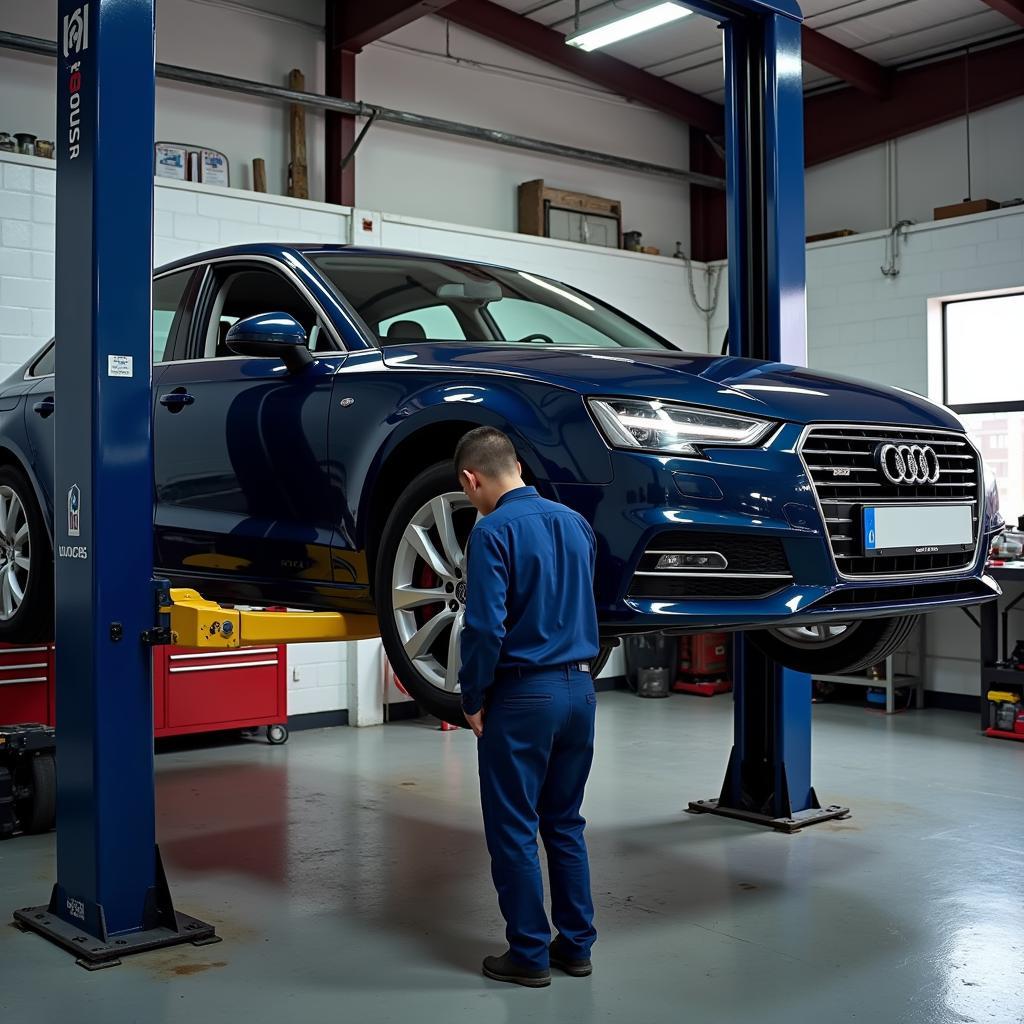 Vehicle raised on a lift in a professional automotive repair shop