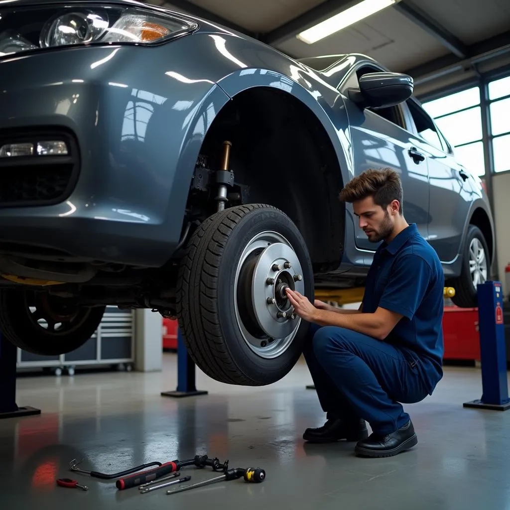 Car on Lift in Garage with Mechanic Working on Wheel and Brake System